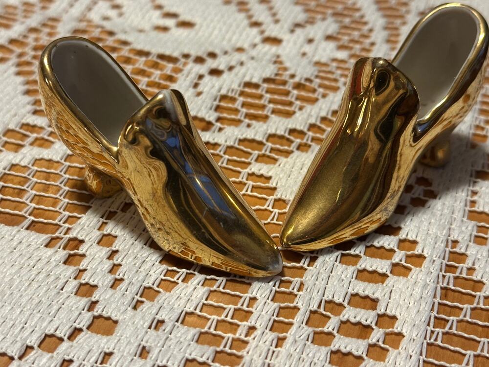 Vintage Porcelain Gold Electroplated Miniature High Heel Shoes Figurine Pair 3"